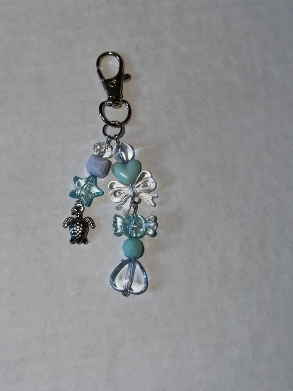 Aqua & Clear Beaded Charm Keychain with Bow and Turtle